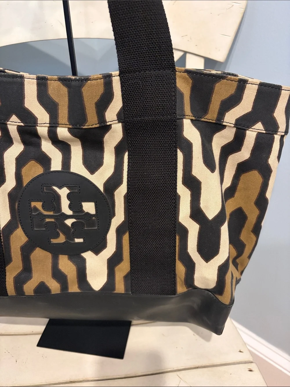 Tory Burch Ella Tote Canvas Bag in Black, Brown & Cream
